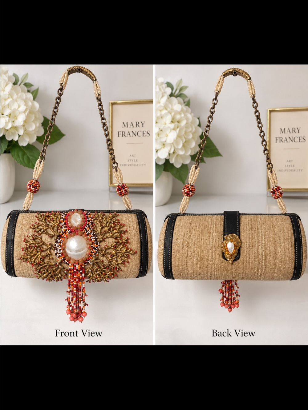 Mary Frances Beaded Embellished Shoulder Bag Coral Shell Statement Purse
